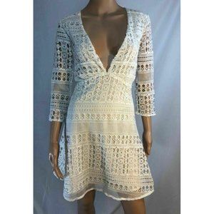Two Arrows Womens Dress White Beach Lace 3/4 Sleeves Deep V-Neck Zipper Size XS